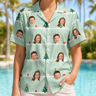 Model wearing Women's Evergreen Extravaganza Custom Face Hawaiian Shirt printed with kids' faces
