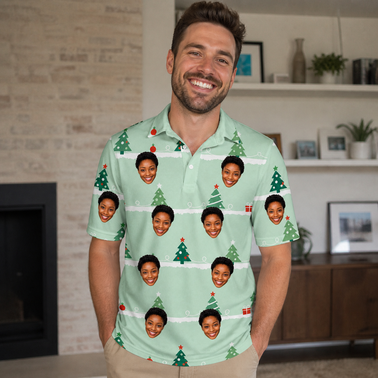Real-life photo of someone wearing Men's Evergreen Extravaganza Custom Face Polo Shirt — custom faces printed all-over