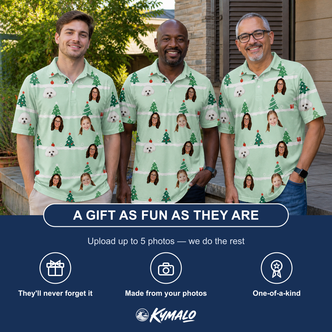 Friends in matching Men's Evergreen Extravaganza Custom Face Polo Shirt — a group gift photo
