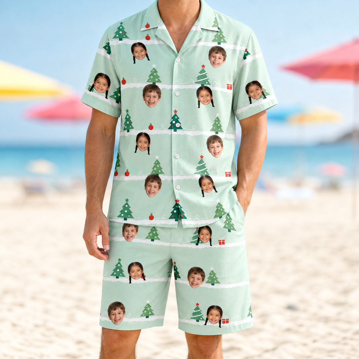 Model wearing Men's Evergreen Extravaganza Custom Face Shirt & Shorts Set printed with kids' faces