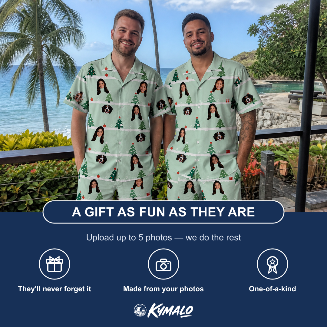 Friends in matching Men's Evergreen Extravaganza Custom Face Shirt & Shorts Set — a group gift photo