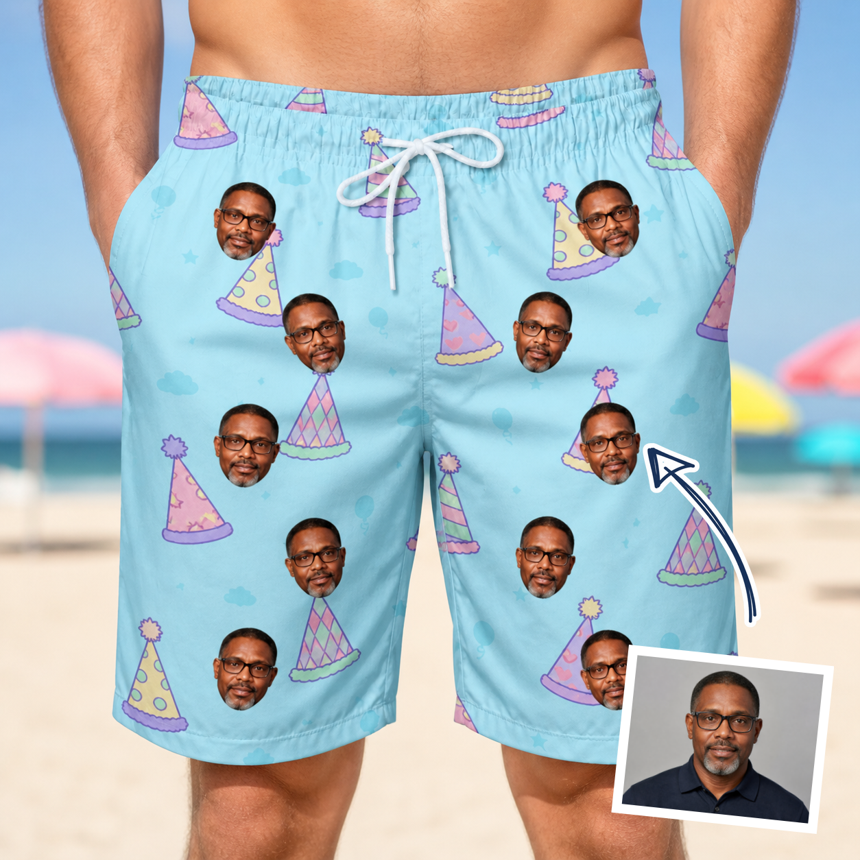 Man wearing Men's Hat Trickery Custom Face Beach Shorts — custom faces printed all-over