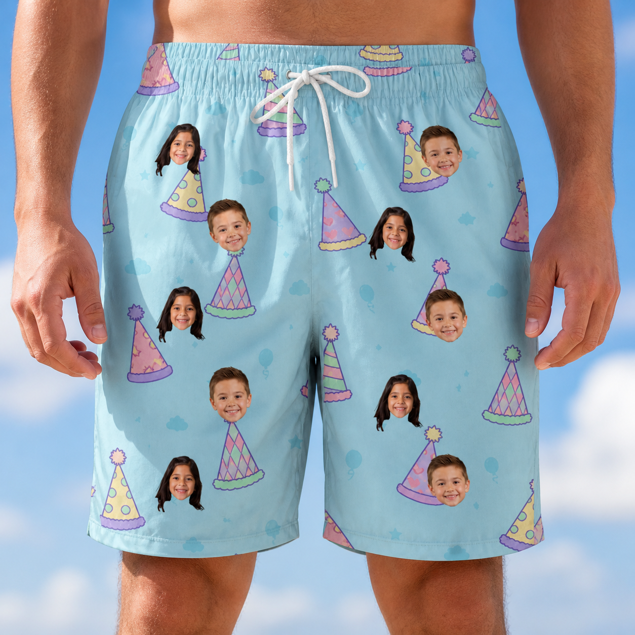 Model wearing Men's Hat Trickery Custom Face Beach Shorts printed with kids' faces