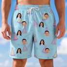 Model wearing Men's Hat Trickery Custom Face Beach Shorts printed with kids' faces