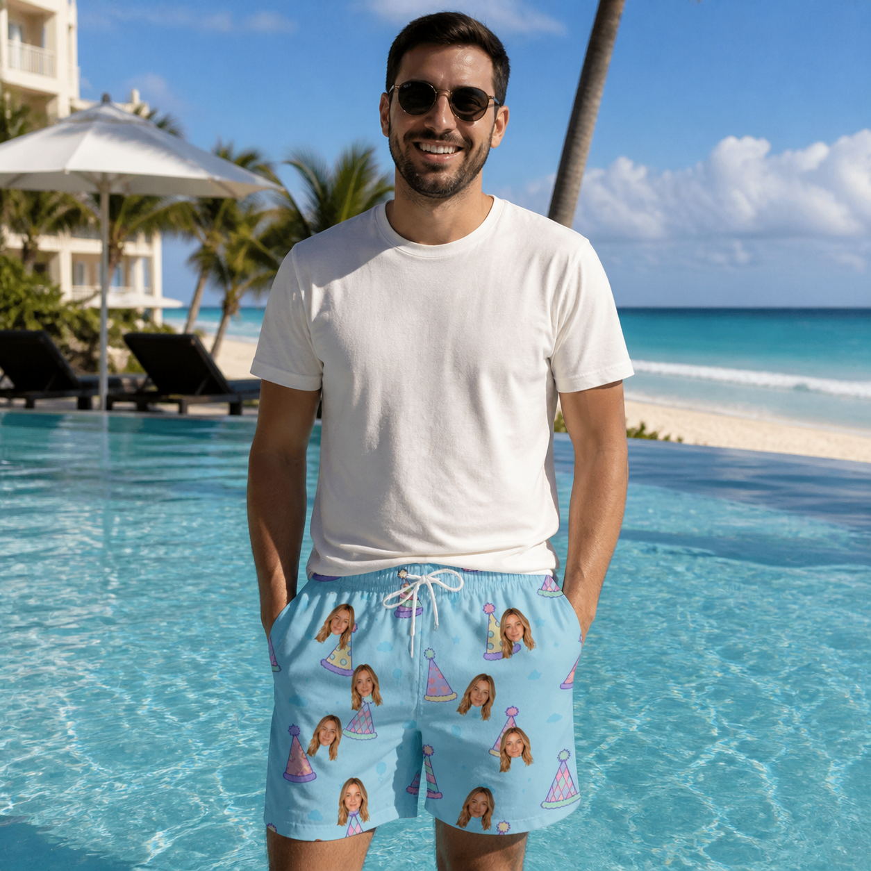 Real-life photo of someone wearing Men's Hat Trickery Custom Face Beach Shorts — custom faces printed all-over