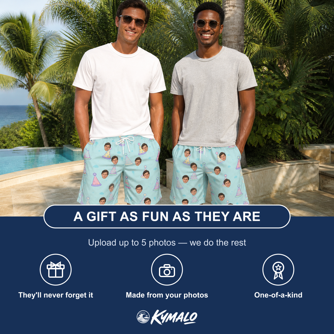 Friends in matching Men's Hat Trickery Custom Face Beach Shorts — a group gift photo