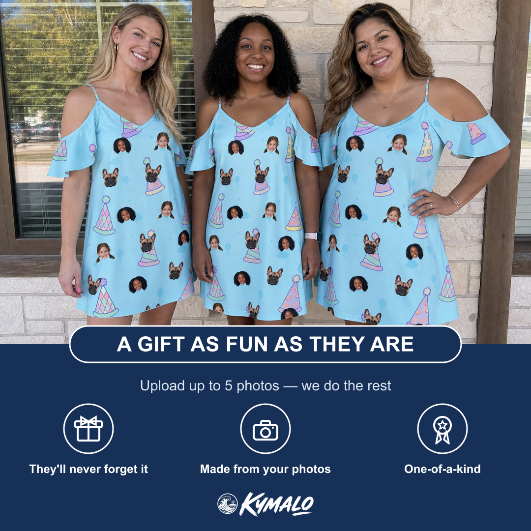 Friends in matching Women's Hat Trickery Custom Face Off-Shoulder Dress — a group gift photo