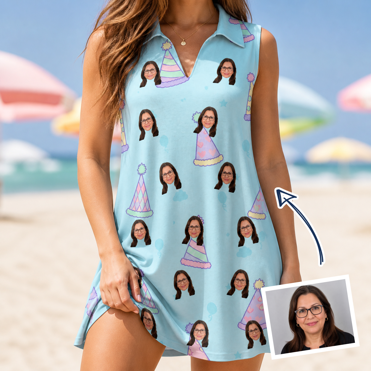 Woman wearing Women's Hat Trickery Custom Face V-Neck Dress — custom faces printed all-over