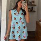 Real-life photo of someone wearing Women's Hat Trickery Custom Face V-Neck Dress — custom faces printed all-over