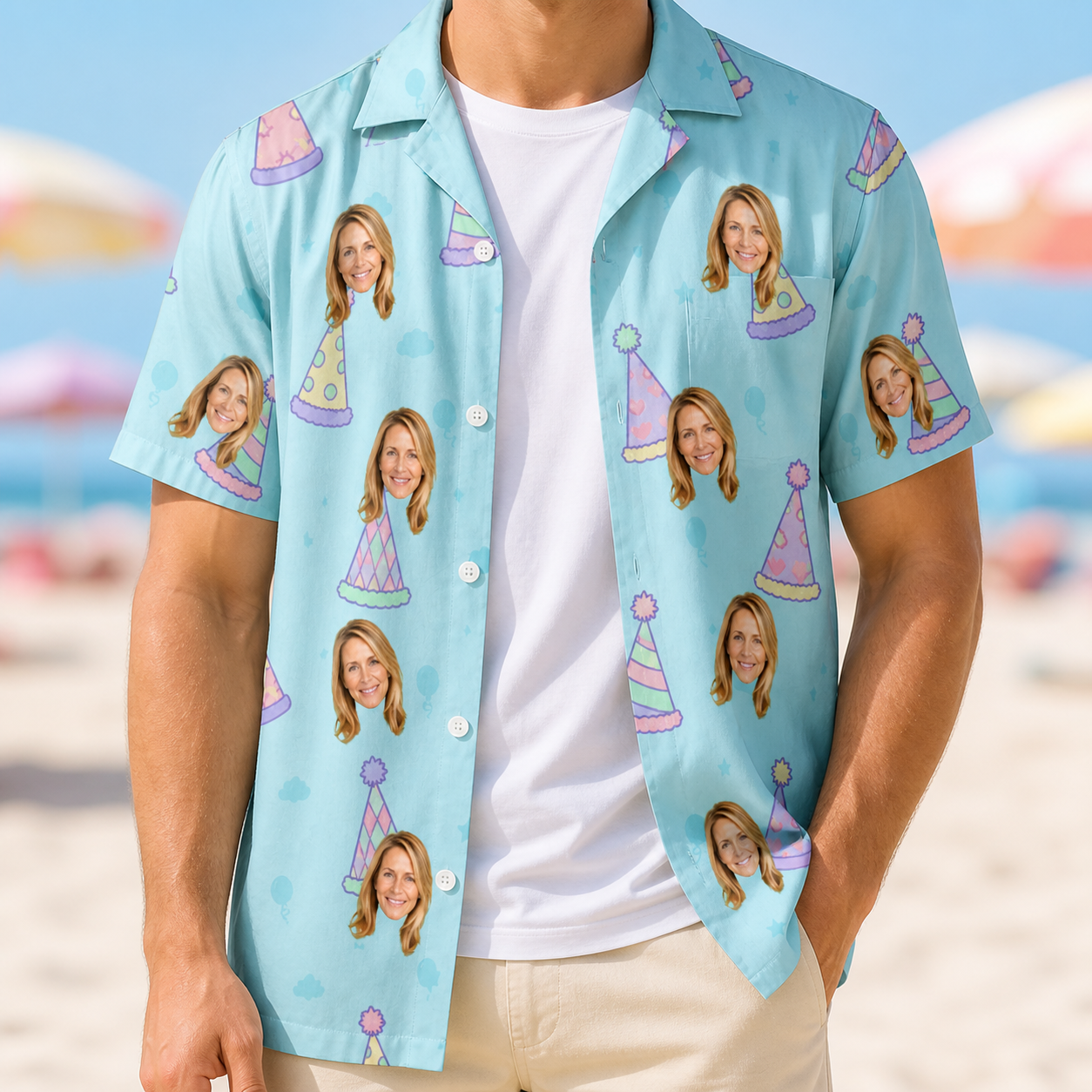 Man wearing Men's Hat Trickery Custom Face Hawaiian Shirt open over a white tee