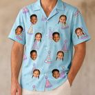 Model wearing Men's Hat Trickery Custom Face Hawaiian Shirt printed with kids' faces