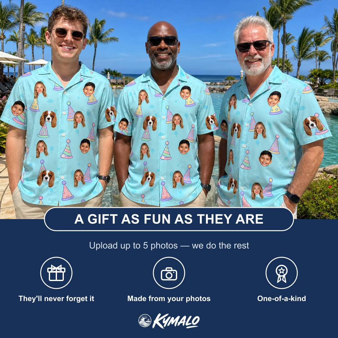 Friends in matching Men's Hat Trickery Custom Face Hawaiian Shirt — a group gift photo