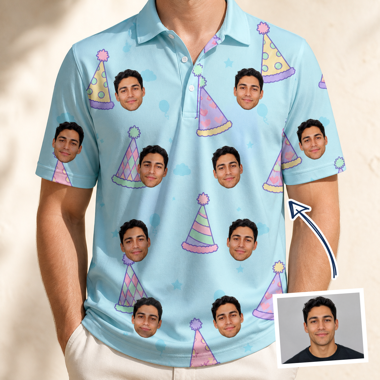 Man wearing Men's Hat Trickery Custom Face Polo Shirt — custom faces printed all-over