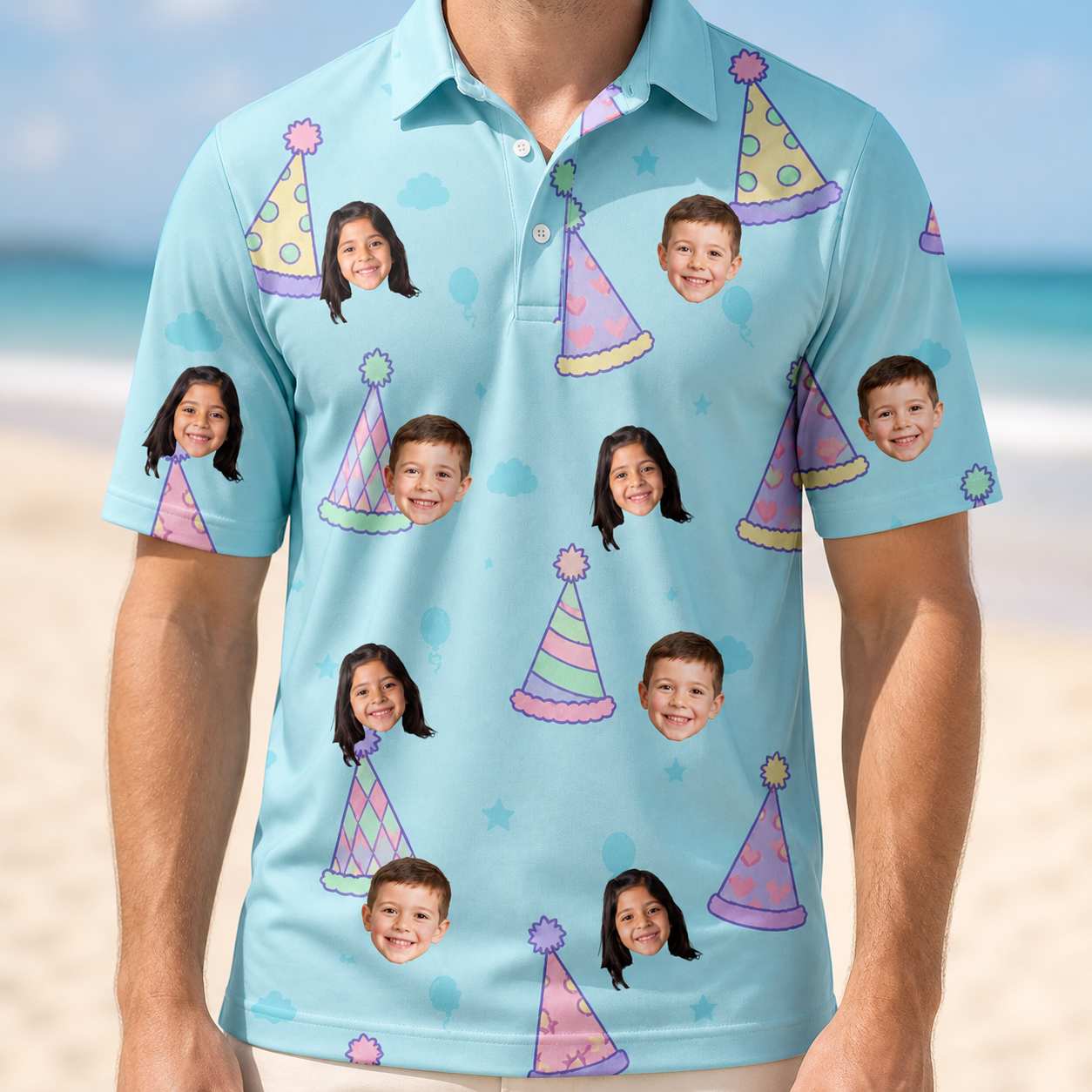 Model wearing Men's Hat Trickery Custom Face Polo Shirt printed with kids' faces