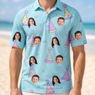 Model wearing Men's Hat Trickery Custom Face Polo Shirt printed with kids' faces