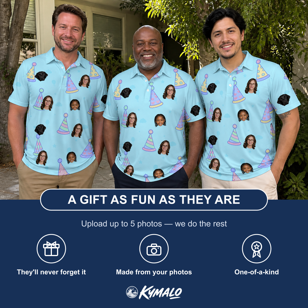 Friends in matching Men's Hat Trickery Custom Face Polo Shirt — a group gift photo