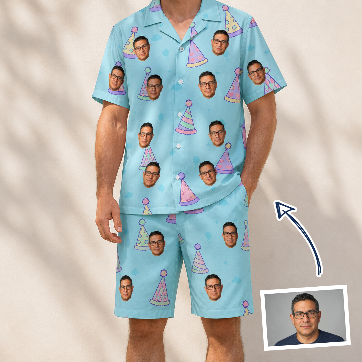 Man wearing Men's Hat Trickery Custom Face Shirt & Shorts Set — custom faces printed all-over