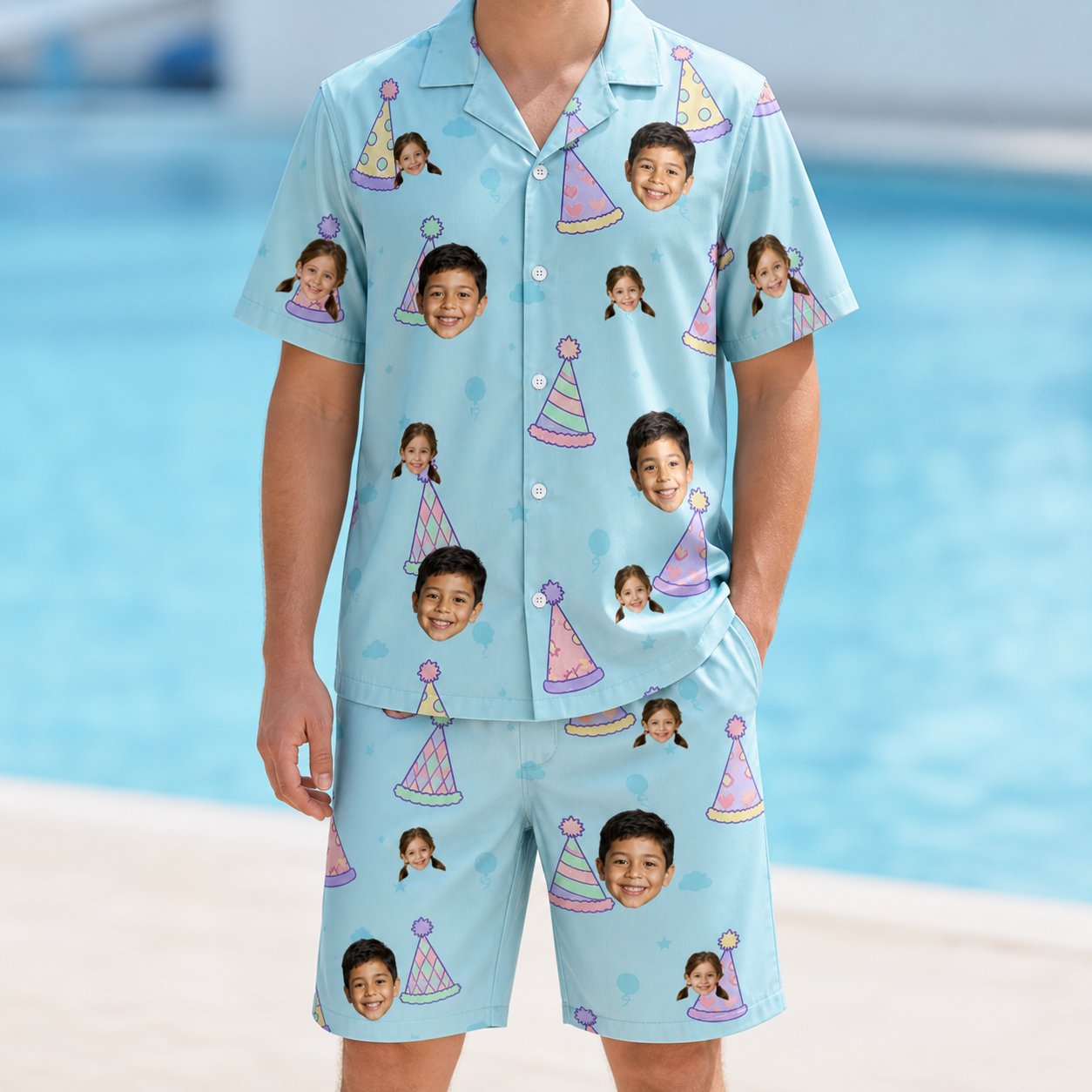 Model wearing Men's Hat Trickery Custom Face Shirt & Shorts Set printed with kids' faces
