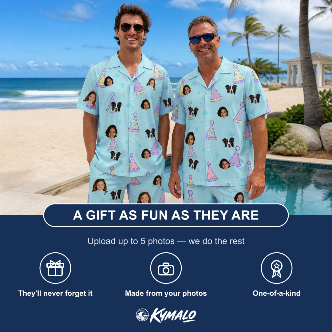 Friends in matching Men's Hat Trickery Custom Face Shirt & Shorts Set — a group gift photo