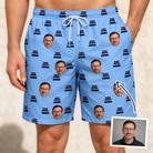 Man wearing Men's Ganache Guffaws Custom Face Beach Shorts — custom faces printed all-over