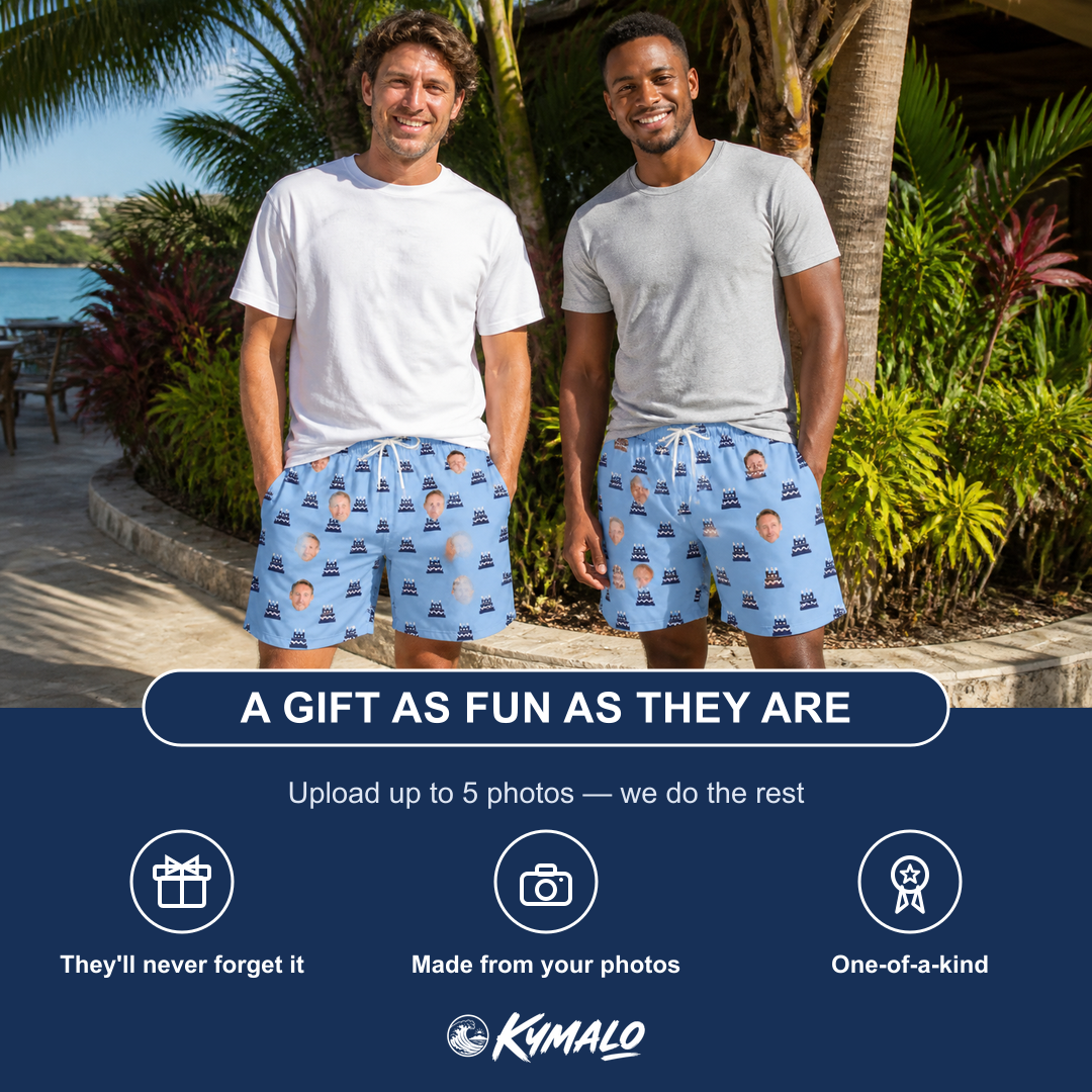 Friends in matching Men's Ganache Guffaws Custom Face Beach Shorts — a group gift photo