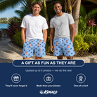 Friends in matching Men's Ganache Guffaws Custom Face Beach Shorts — a group gift photo