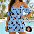Woman wearing Women's Ganache Guffaws Custom Face Off-Shoulder Dress — custom faces printed all-over