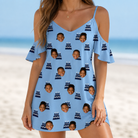 Model wearing Women's Ganache Guffaws Custom Face Off-Shoulder Dress printed with kids' faces