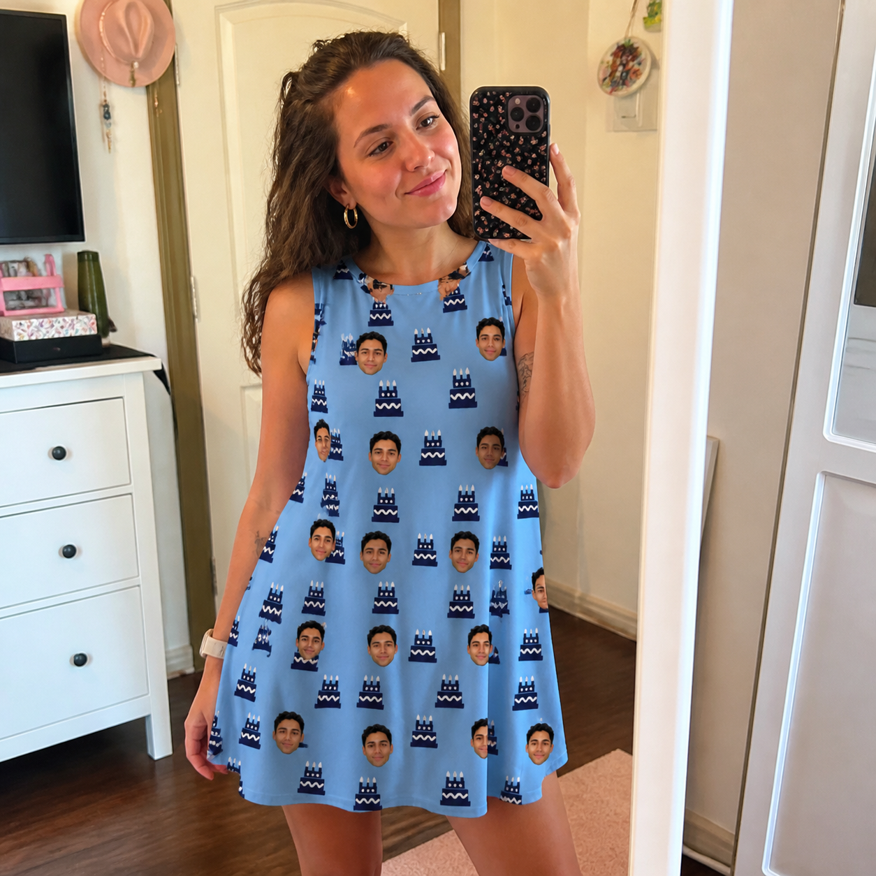Real-life photo of someone wearing Women's Ganache Guffaws Custom Face Tank Dress — custom faces printed all-over