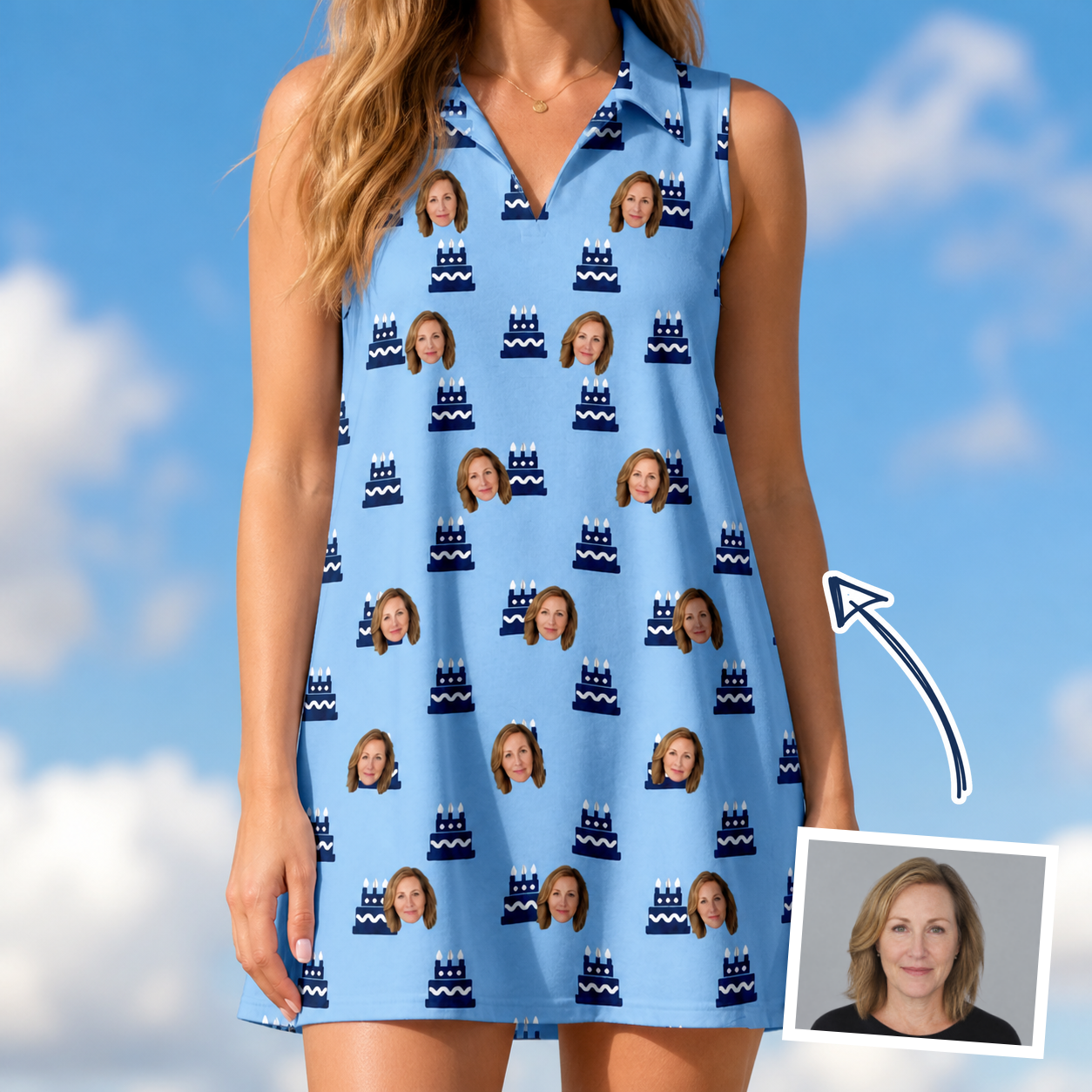 Woman wearing Women's Ganache Guffaws Custom Face V-Neck Dress — custom faces printed all-over