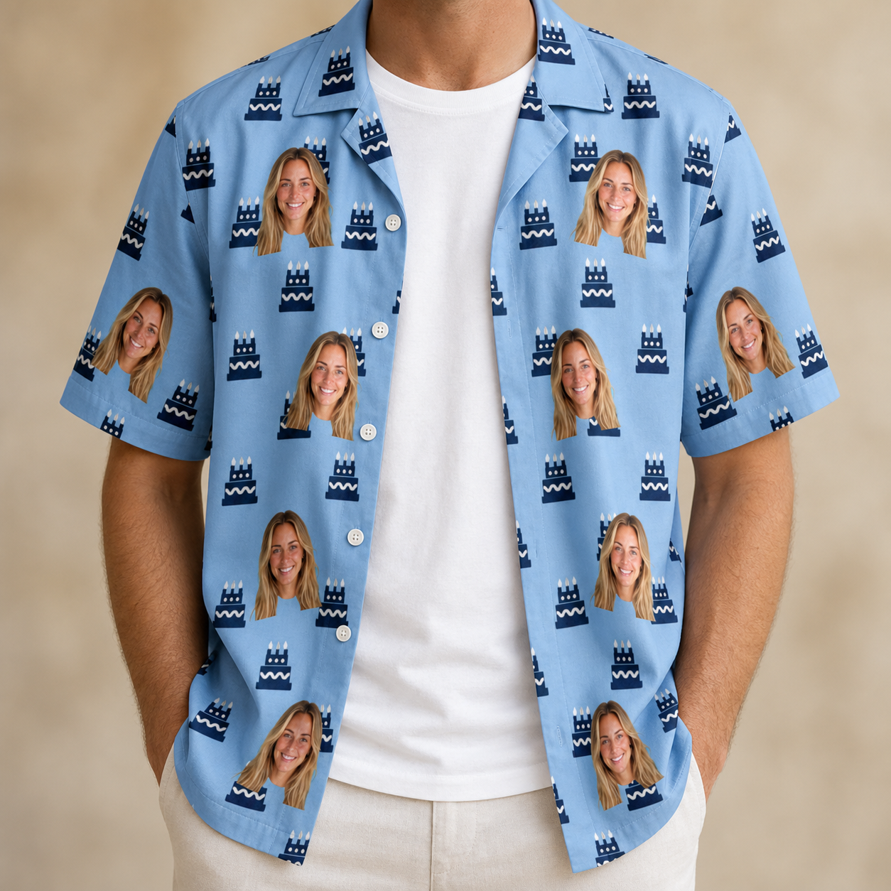 Man wearing Men's Ganache Guffaws Custom Face Hawaiian Shirt open over a white tee