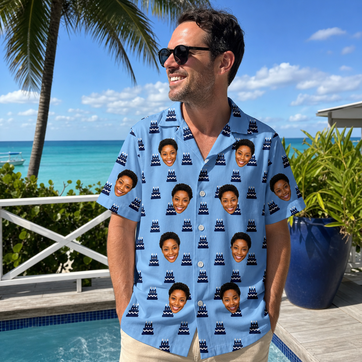 Real-life photo of someone wearing Men's Ganache Guffaws Custom Face Hawaiian Shirt — custom faces printed all-over