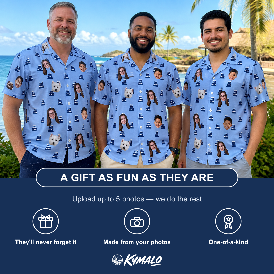 Friends in matching Men's Ganache Guffaws Custom Face Hawaiian Shirt — a group gift photo
