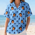Model wearing Women's Ganache Guffaws Custom Face Hawaiian Shirt printed with kids' faces