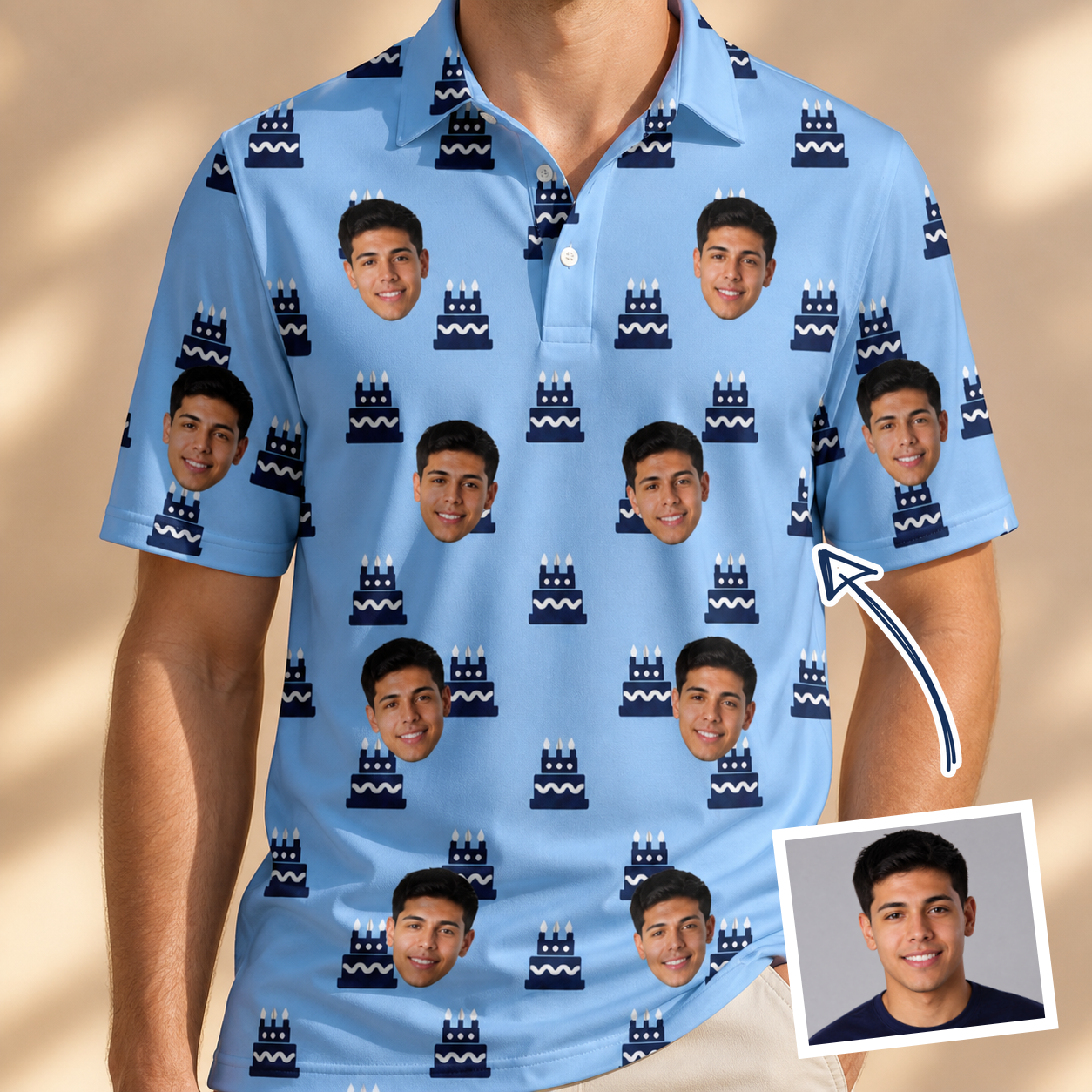 Man wearing Men's Ganache Guffaws Custom Face Polo Shirt — custom faces printed all-over