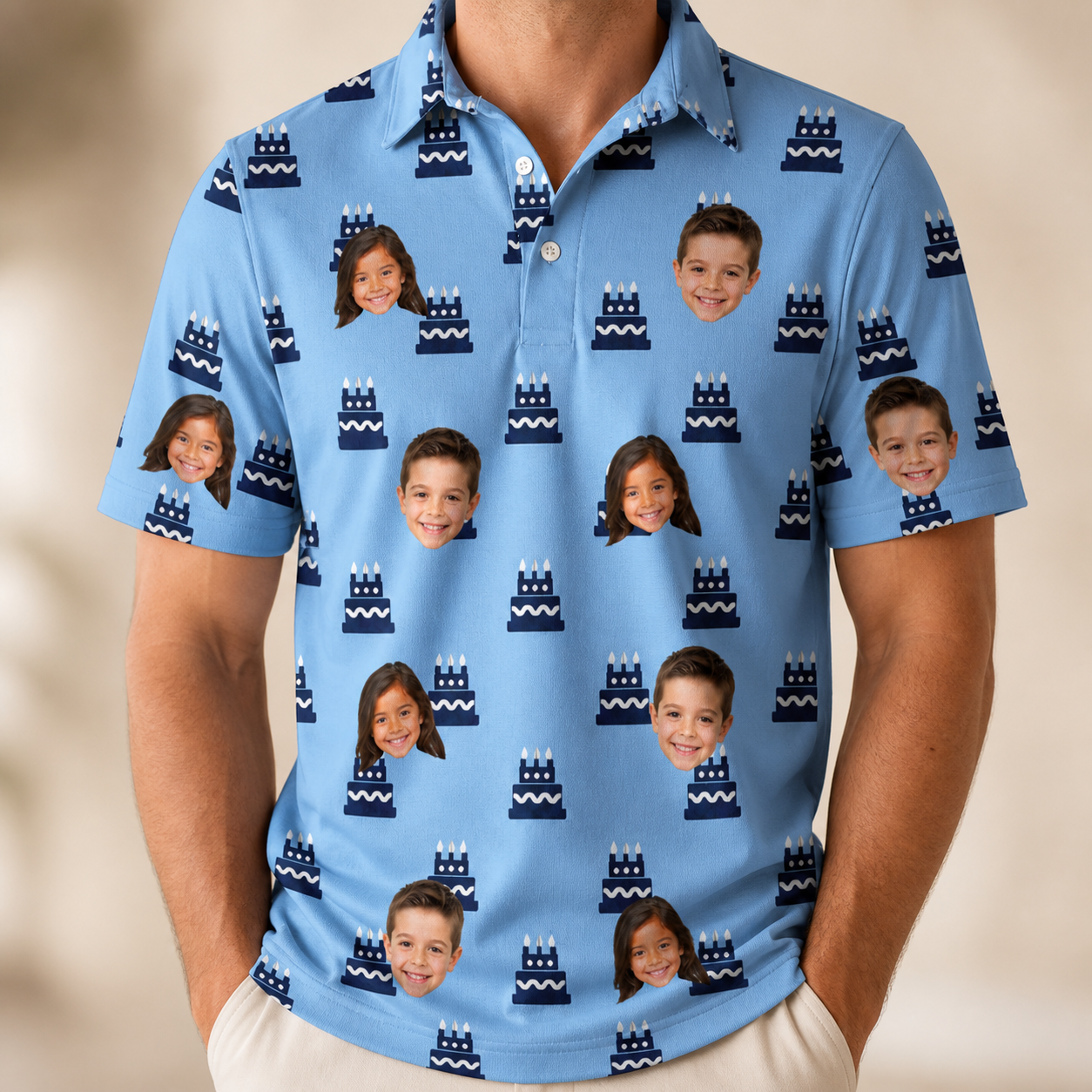 Model wearing Men's Ganache Guffaws Custom Face Polo Shirt printed with kids' faces