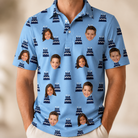 Model wearing Men's Ganache Guffaws Custom Face Polo Shirt printed with kids' faces