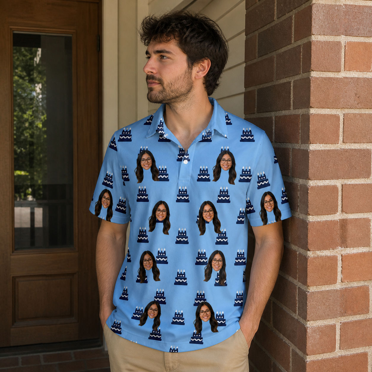Real-life photo of someone wearing Men's Ganache Guffaws Custom Face Polo Shirt — custom faces printed all-over