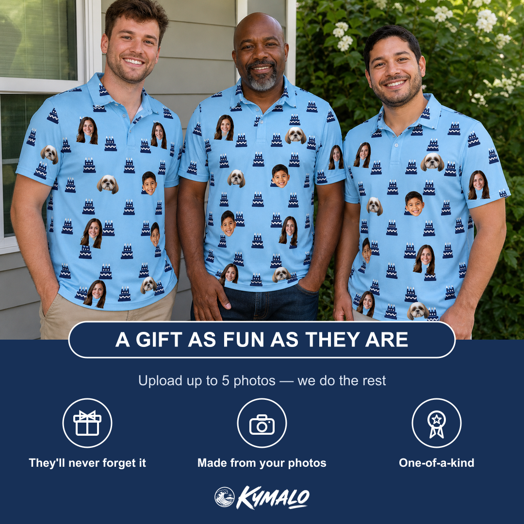 Friends in matching Men's Ganache Guffaws Custom Face Polo Shirt — a group gift photo