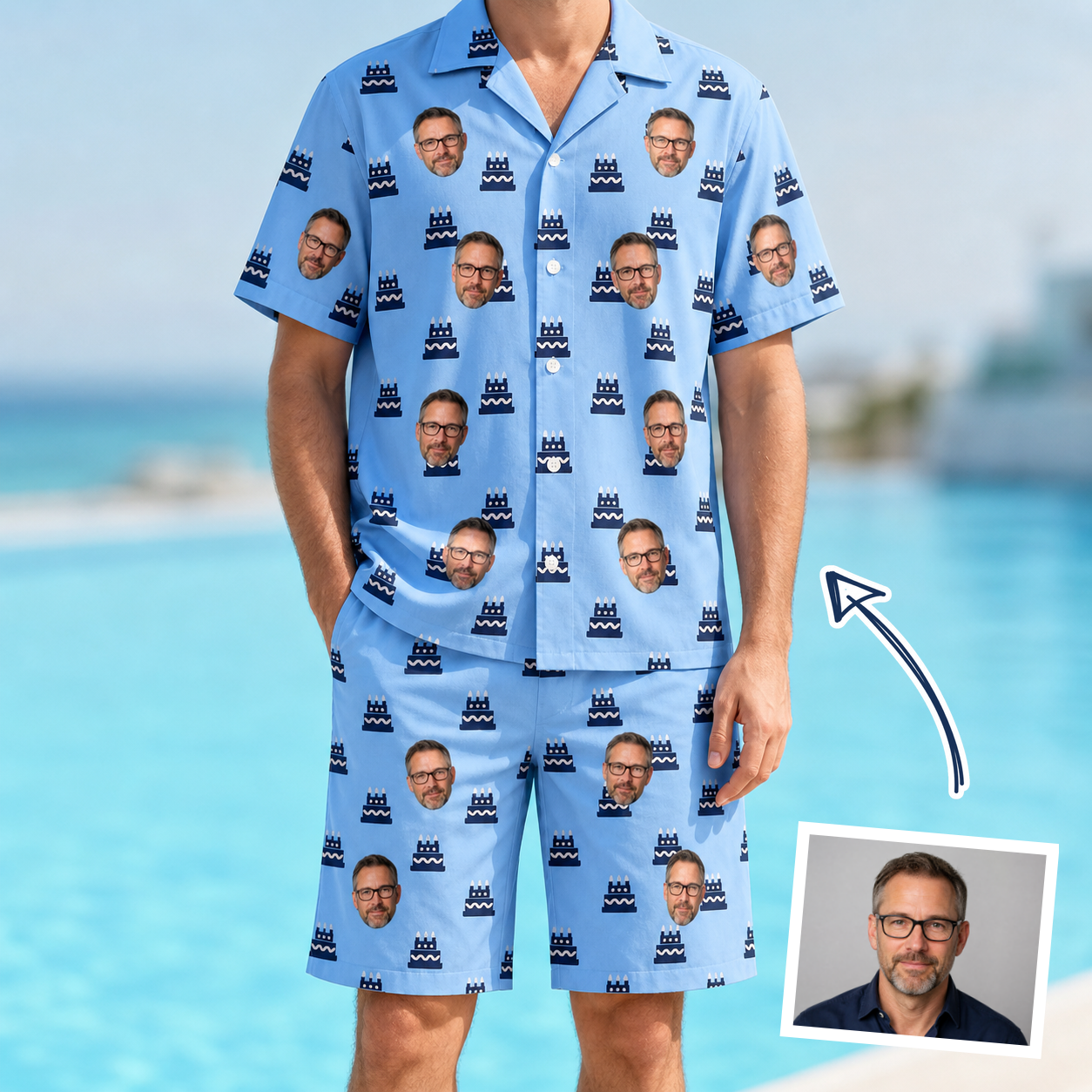 Man wearing Men's Ganache Guffaws Custom Face Shirt & Shorts Set — custom faces printed all-over