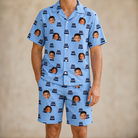 Model wearing Men's Ganache Guffaws Custom Face Shirt & Shorts Set printed with kids' faces