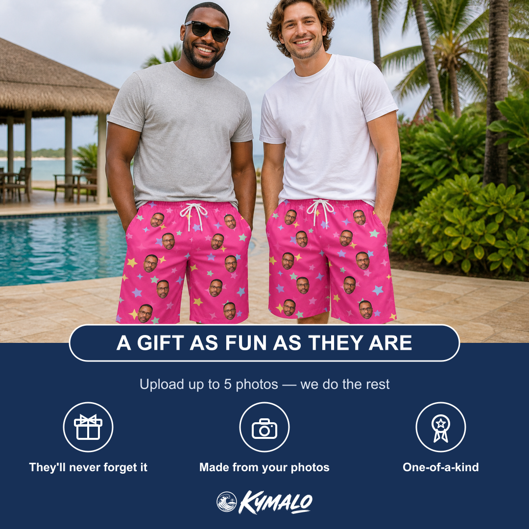 Friends in matching Men's Astro Applause Custom Face Beach Shorts — a group gift photo