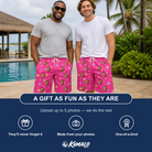 Friends in matching Men's Astro Applause Custom Face Beach Shorts — a group gift photo