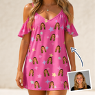 Woman wearing Women's Astro Applause Custom Face Off-Shoulder Dress — custom faces printed all-over