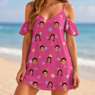 Model wearing Women's Astro Applause Custom Face Off-Shoulder Dress printed with kids' faces