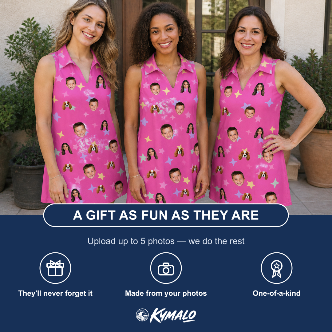 Friends in matching Women's Astro Applause Custom Face V-Neck Dress — a group gift photo