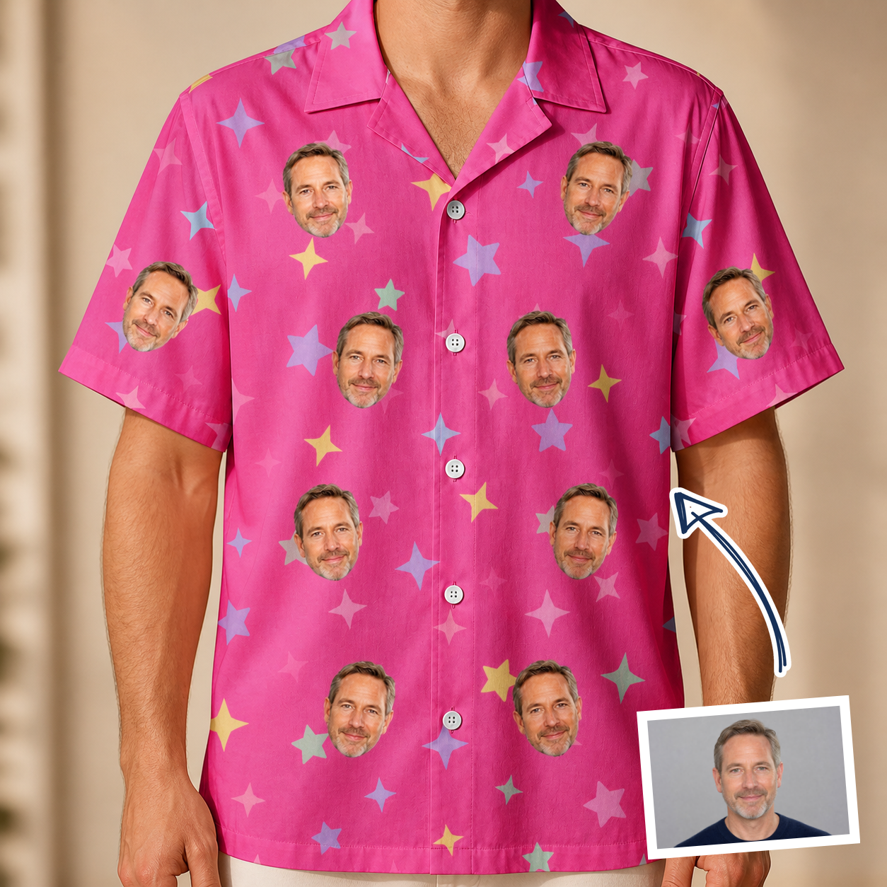 Man wearing Men's Astro Applause Custom Face Hawaiian Shirt — custom faces printed all-over