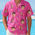Model wearing Men's Astro Applause Custom Face Hawaiian Shirt printed with kids' faces