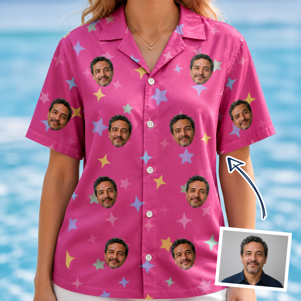 Woman wearing Women's Astro Applause Custom Face Hawaiian Shirt — custom faces printed all-over