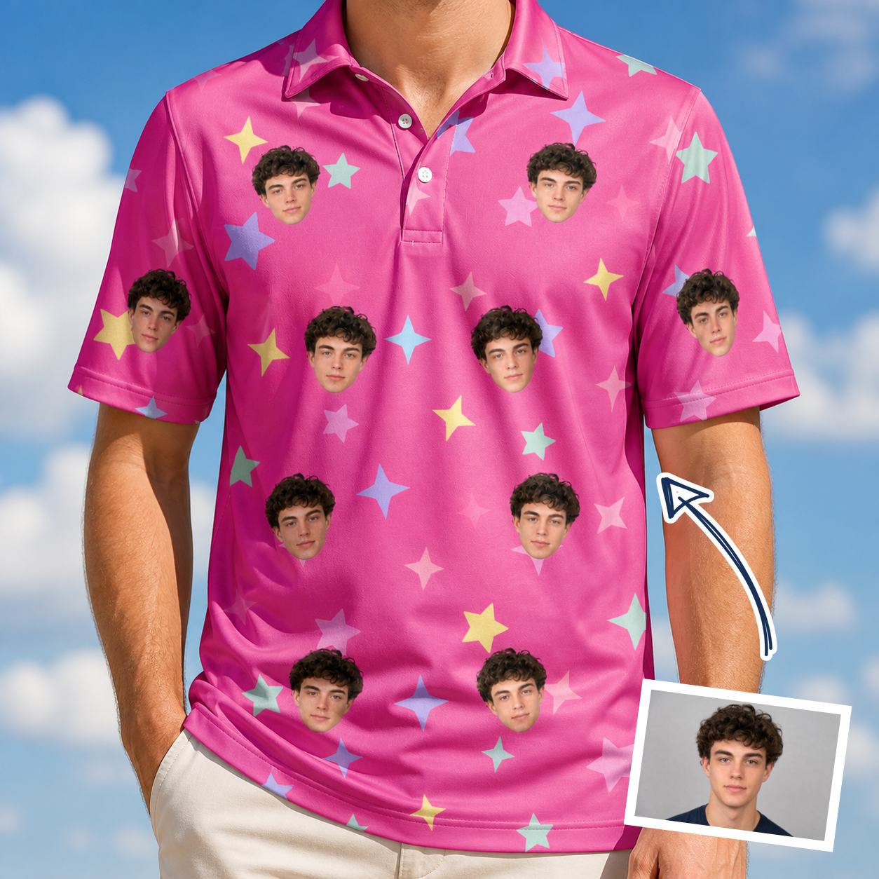 Man wearing Men's Astro Applause Custom Face Polo Shirt — custom faces printed all-over